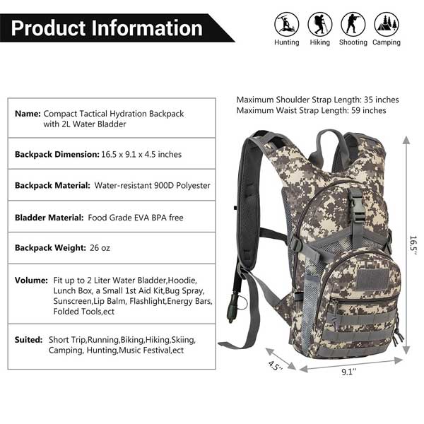 Insulated Camo Hydration Pack Specs