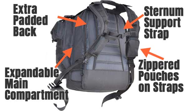 Padded Back Side of Explorer Tactical Backpack with Zippered Pouches, Sternum Strap and Expandable Pack