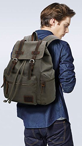 Man Wearing Canvas Vintage Military Backpack