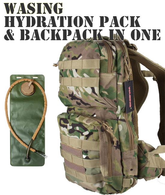 Wasing Hydration Pack and Backpack in One - Military, Tactical Style, Bladder Included